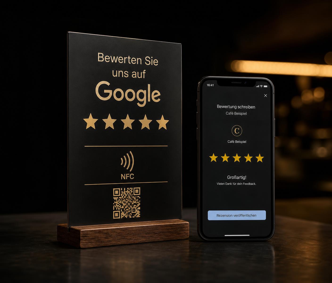 Google Bewertungsaufsteller mit NFC und QR-Code auf einem Café-Tresen neben einem Smartphone mit Google-Bewertung