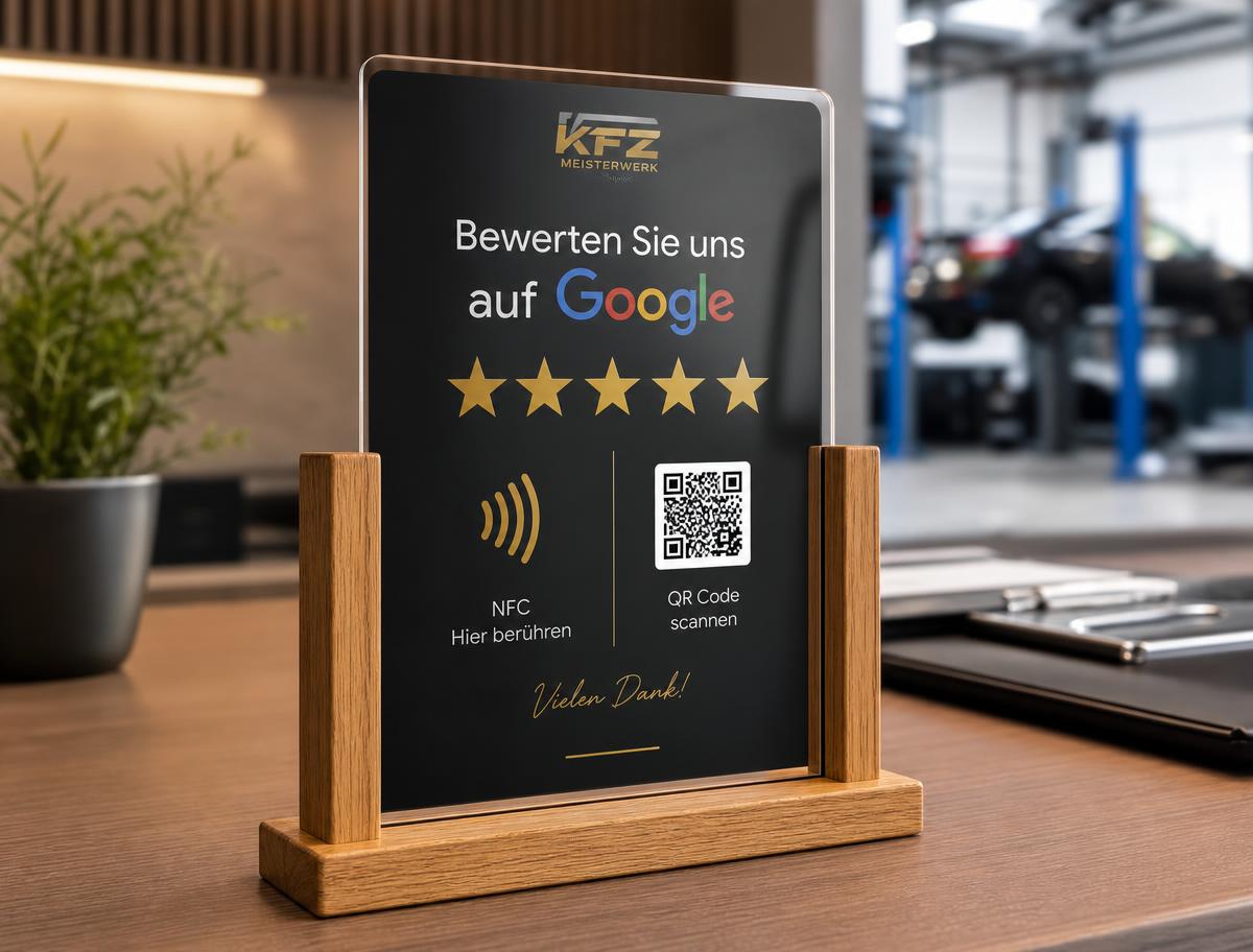 Kombinierter Google Bewertungsaufsteller mit NFC und QR-Code auf einem Schreibtisch