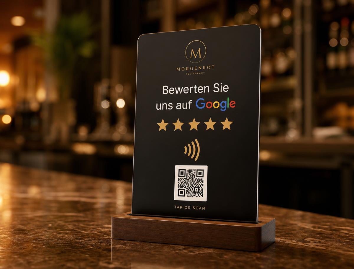 NFC Google Bewertungsaufsteller aus schwarzem Acryl mit Holzfuß auf einem Restauranttresen