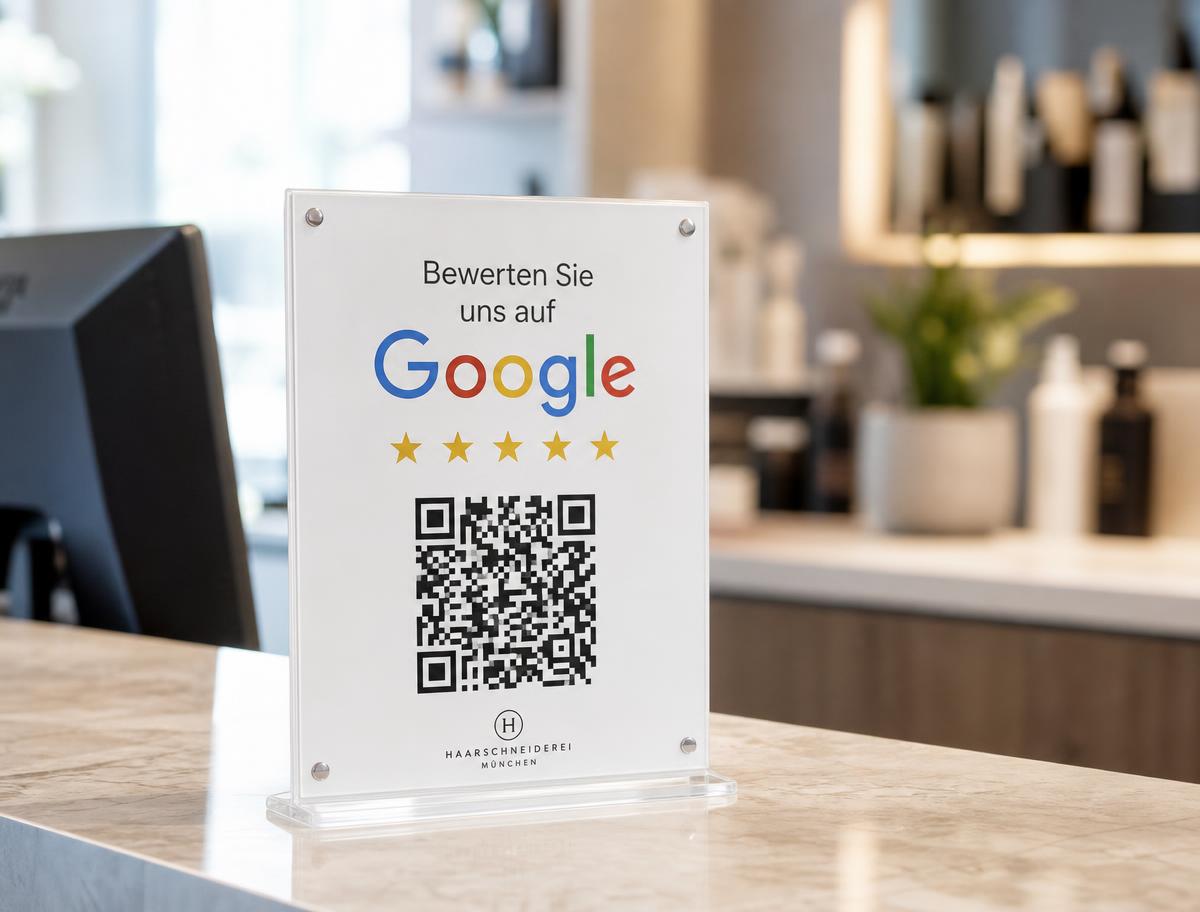 QR-Code Google Bewertungsaufsteller aus Acrylglas auf einem Empfangstresen